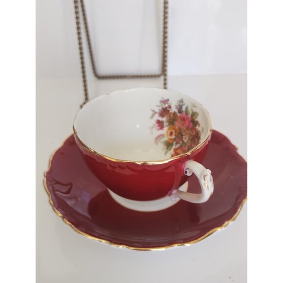 Vintage Coalport Bone China Teacup and Saucer Burgundy Fall Florals 1960's - Picture 4 of 9